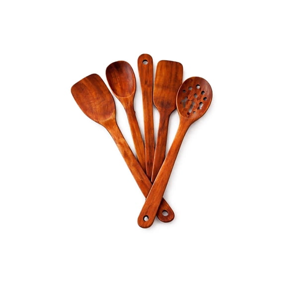 Handcrafted Sheesham Wooden Cooking & Serving Spoon Set, Natural Brown Finish, Durable Kitchen Utensils, Multi-Use Spatula & Ladle Set (Pack of 5)