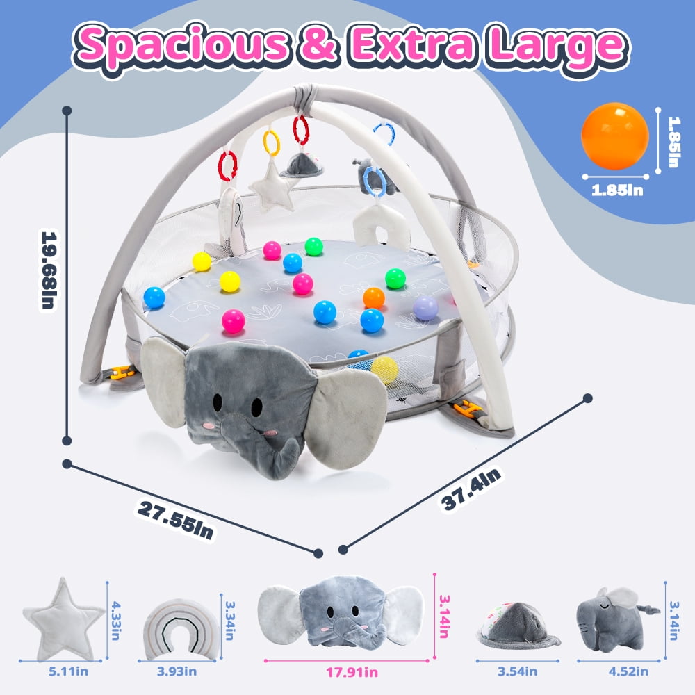 JoyStone 5-in-1 Elephant Baby Gym Play Mat with 30 Balls, Tummy Time Toys, Sensory Mat for Infants 0-12 Months