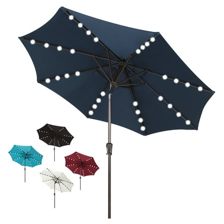 COBANA 9’ Solar Patio Umbrella with 32 LED Lights  Outdoor Table Market Umbrella with Tilt and Crank  Dark Blue