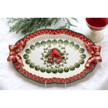 Ceramic Christmas Robin Bird Tray 17.875x11  Mom Kitchen
