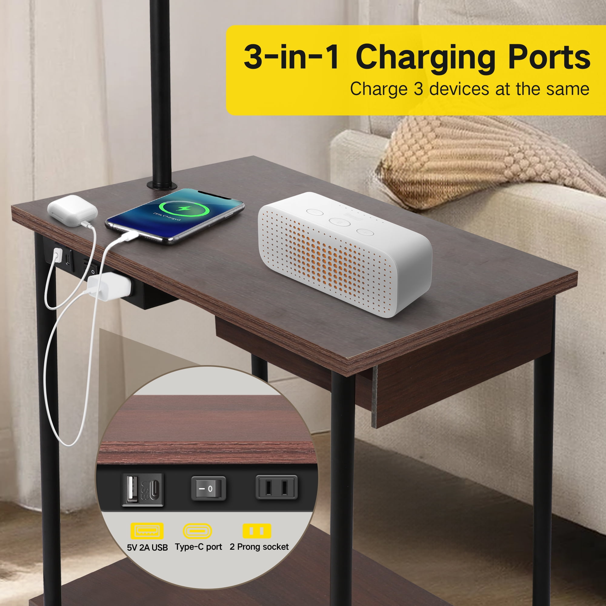 OUTON Floor Lamp with Table, End Table with Lamp for Living Room with USB & Type C Charging Port, Dimmable Lamps for Nightstand Attached for Bedroom, Walnut