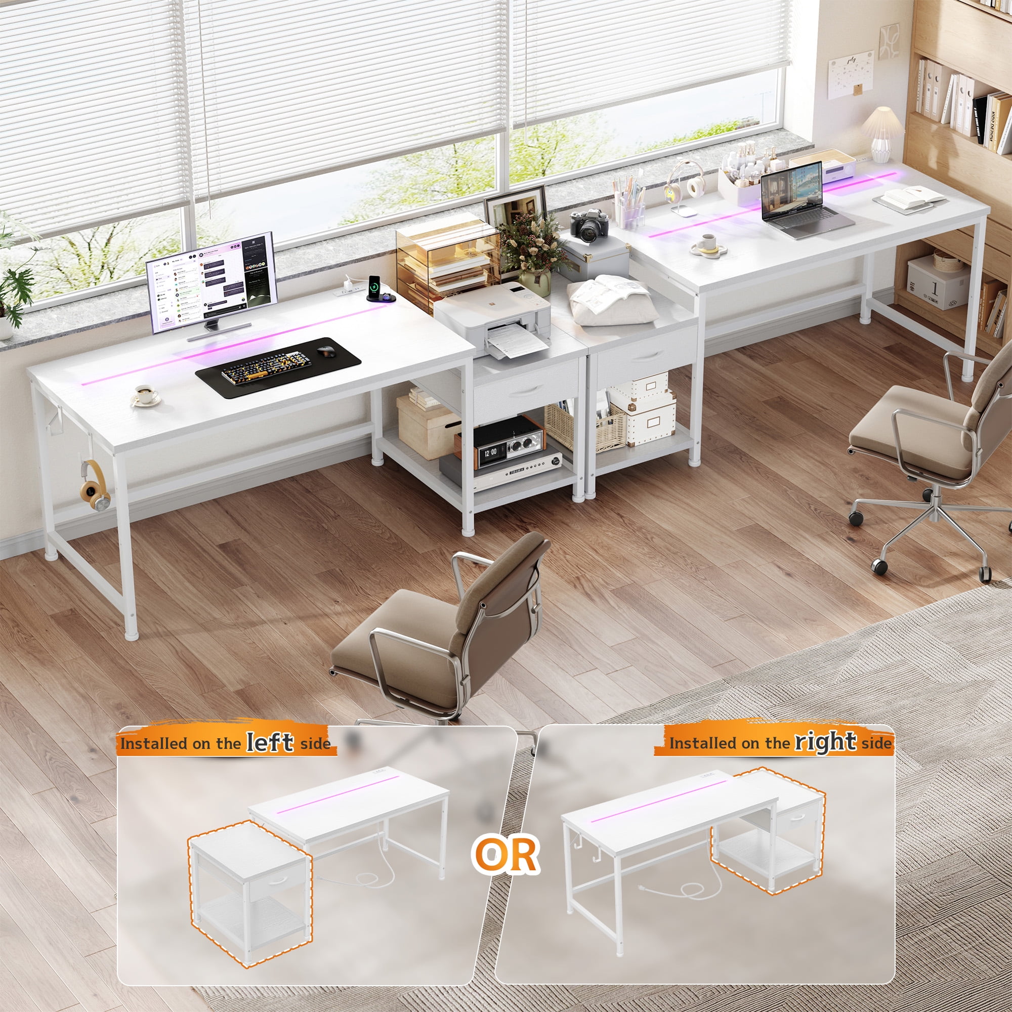 Romorgniz 56"W Gaming Desk with LED Lights & Power Outlets, Computer Desk with Fabric Drawer & Printer Shelf, Small Space Desk for Home Office, Dorm, Bedroom, White