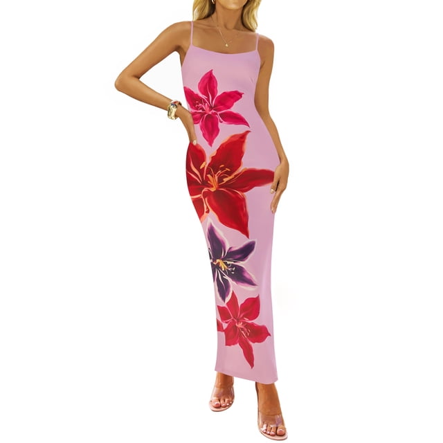 Vestido largo ZESICA para mujer, estampado floral, tirantes finos, color rosa