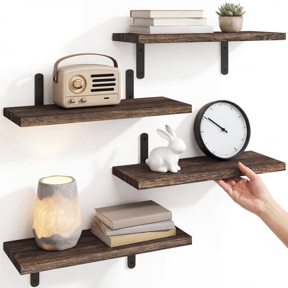 Fairy Floating Wall Shelves Set of 4, Rustic Brown Wood Shelves for Bedroom Bathroom Storage