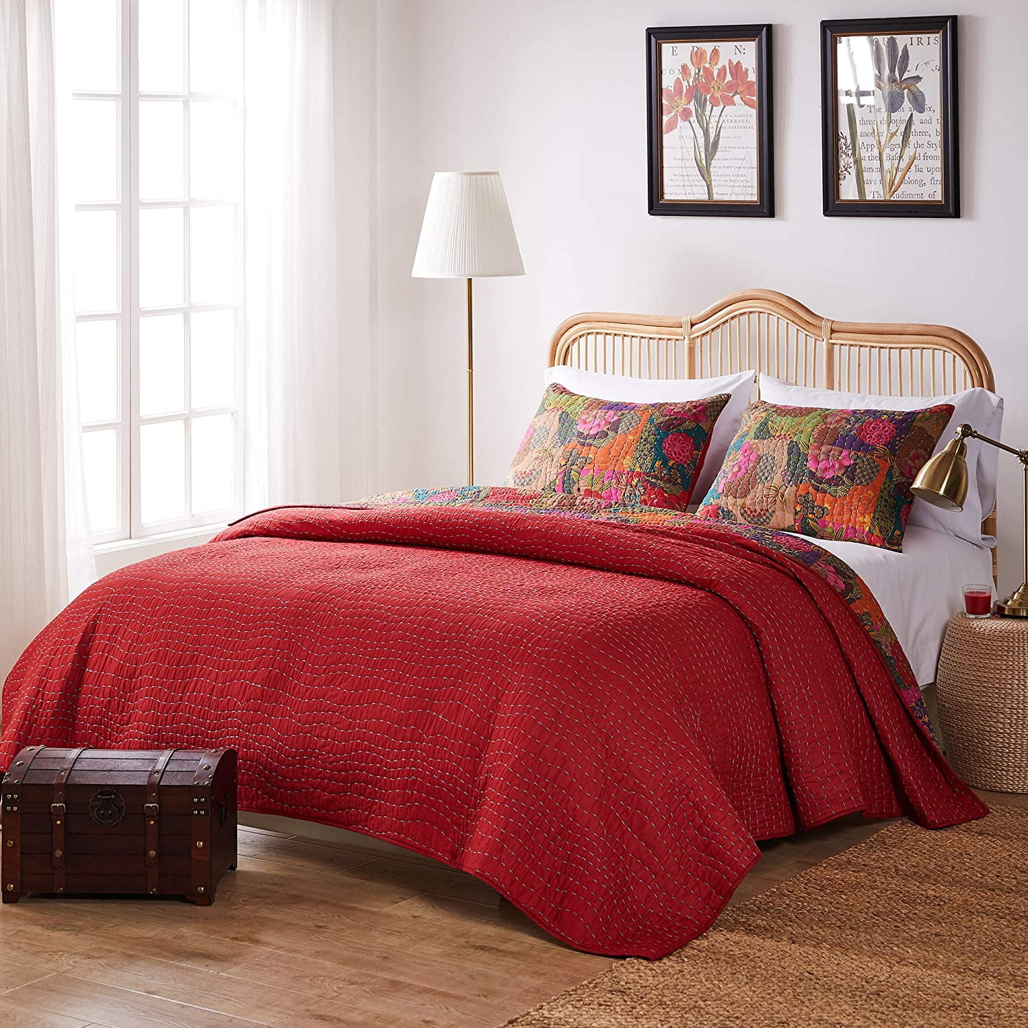 Greenland Home Fashions Jewel Kantha-Stitched Boho Red 100% Cotton Quilt Set, 3-Piece Full/Queen