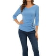 thumbnail image 1 of BLUSA RUCHADA PARA MUJERES CHIC CON BOTONES DECORATIVOS, CUELLO EN V, MANGA 3/4, TEJIDO SÓLIDO, TALLA 2XL, AZUL CLARO, 1 of 6