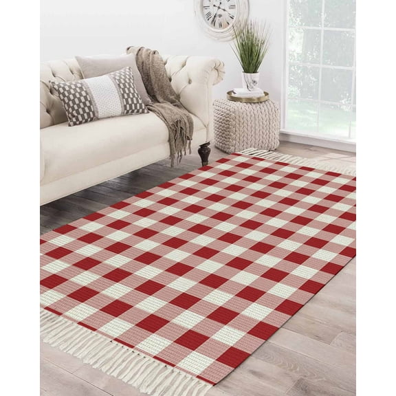 Farmhouse Buffalo Plaid Large Area Rug 4x6ft Woven Runner Rug,Red White Checkered Washable Living Room Bedroom Kitchen Bathroom Classroom Carpet with Tassels,Indoor Outdoor Throw Door Mat