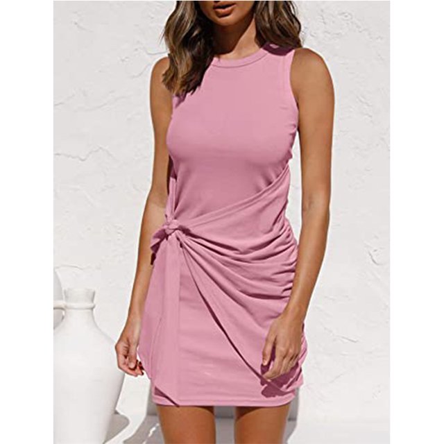 Women's Sleeveless Crew Neck Tank Dress Tie Waist Ruched Bodycon Mini Dress