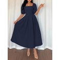 thumbnail image 4 of Navy Blue Womens Square Neck Puff Sleeve Pleated Midi Dress For Office Casual Elegant Occasion, 4 of 7