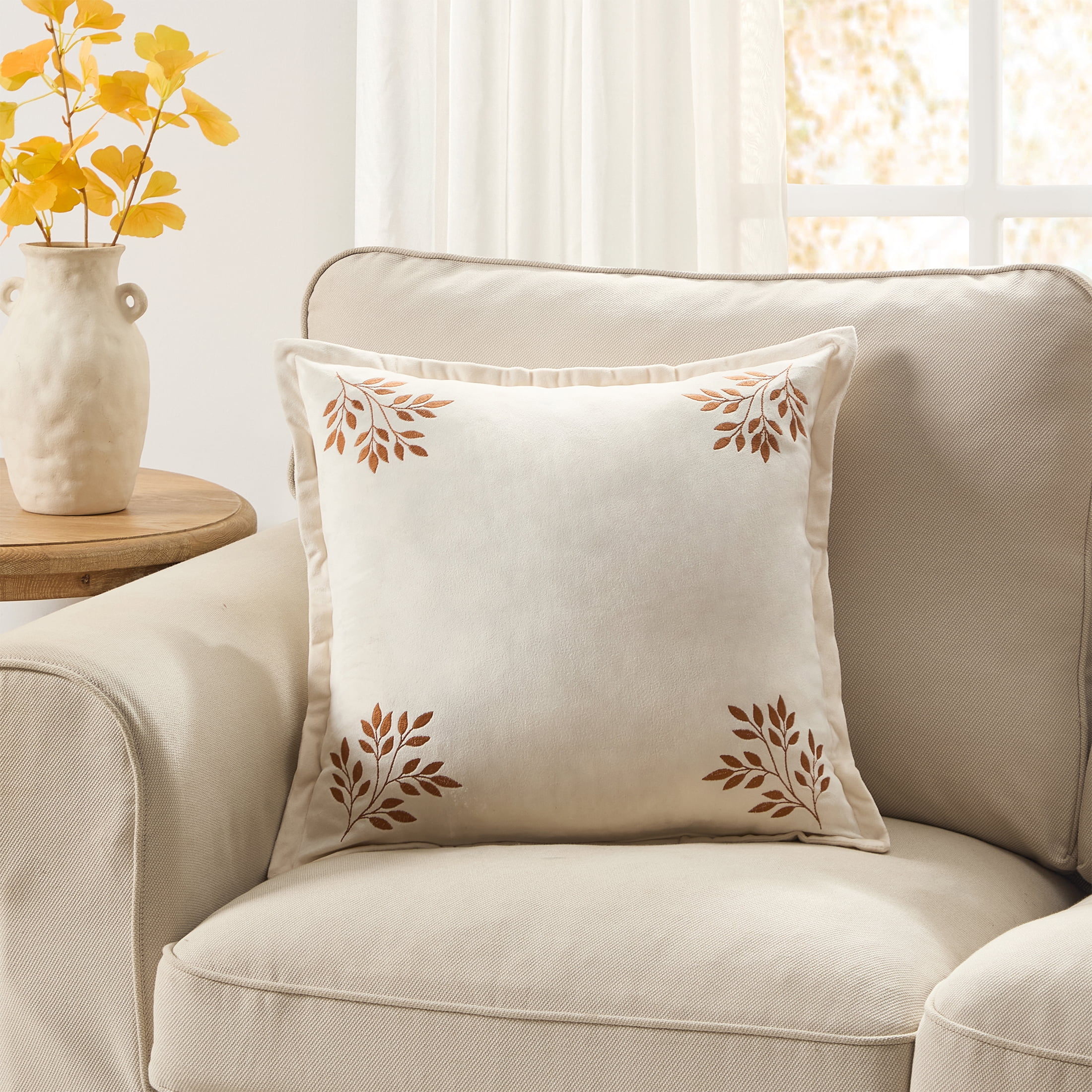 My Texas House 18 in x 18 in Ivory Embroidered Leaves Velvet Decorative Pillow
