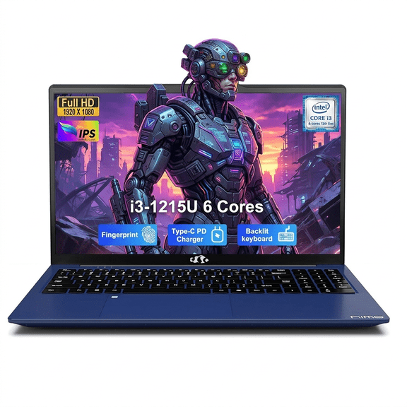 15.6" IPS FHD Laptop-Computer - 16GB RAM 512GB SSD Intel Core i3-1215U (Beat i5-1135G7, 6 Cores Up to 4.4GHz) with Fingerprint Backlit Keyboard Wi-Fi 6 65W Type-C Charger Blue