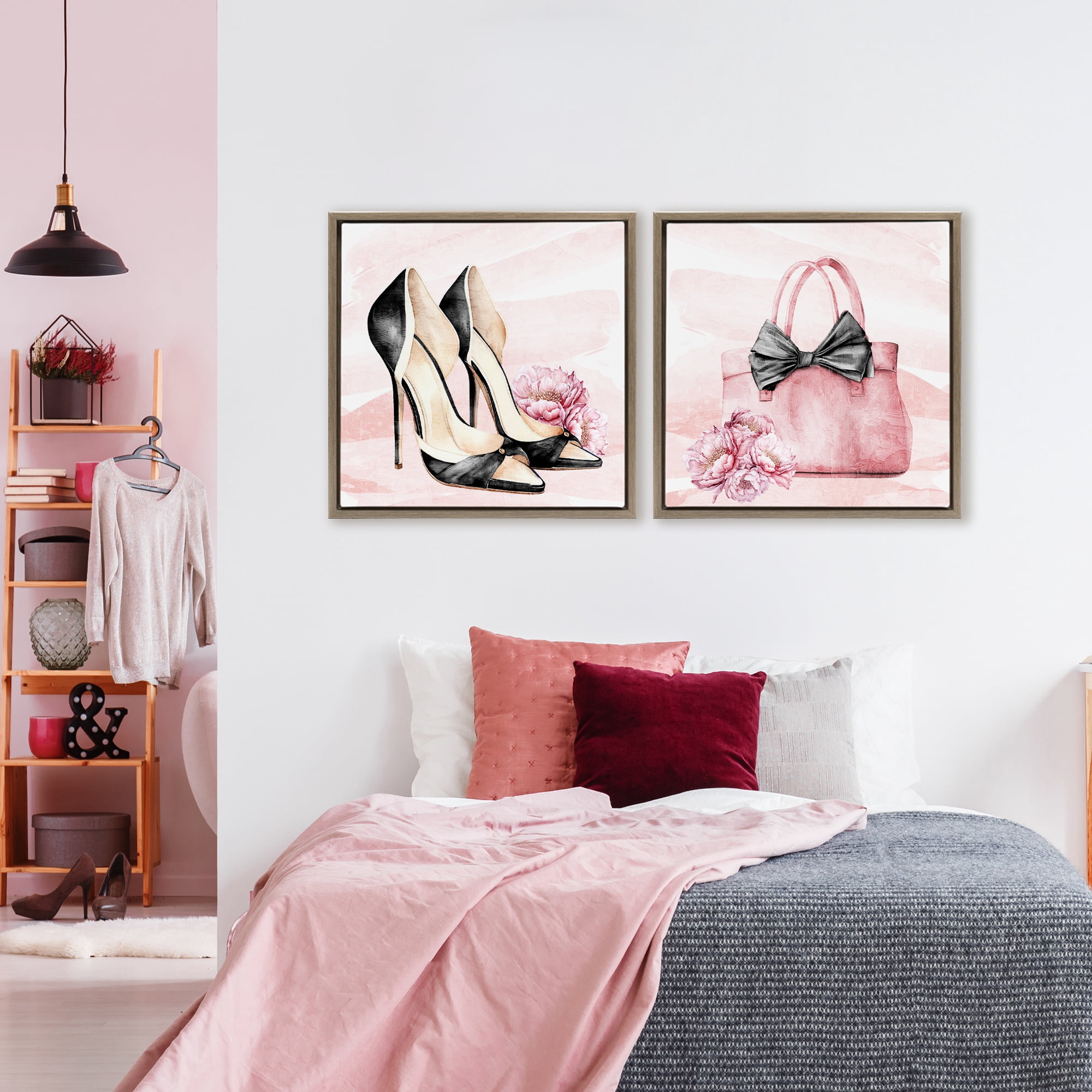 Stupell Industries Rosy Glam Time Shoes 2 Piece Brown Framed Floater Canvas Set, design by Kim Allen