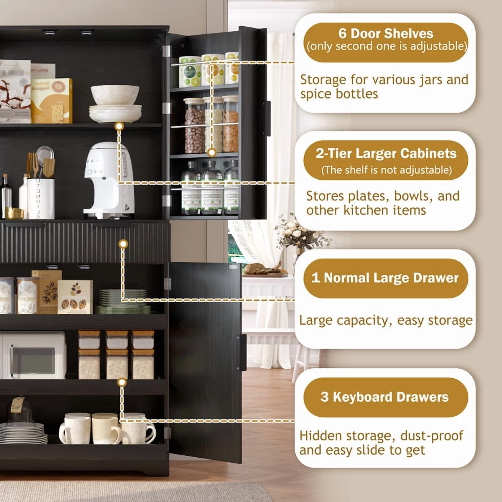 72'' Tall Fluted Kitchen Pantry Hutch with Rack & Drawer, Multi-Functional Storage Cabinet, Freestanding Cupboard Organizer