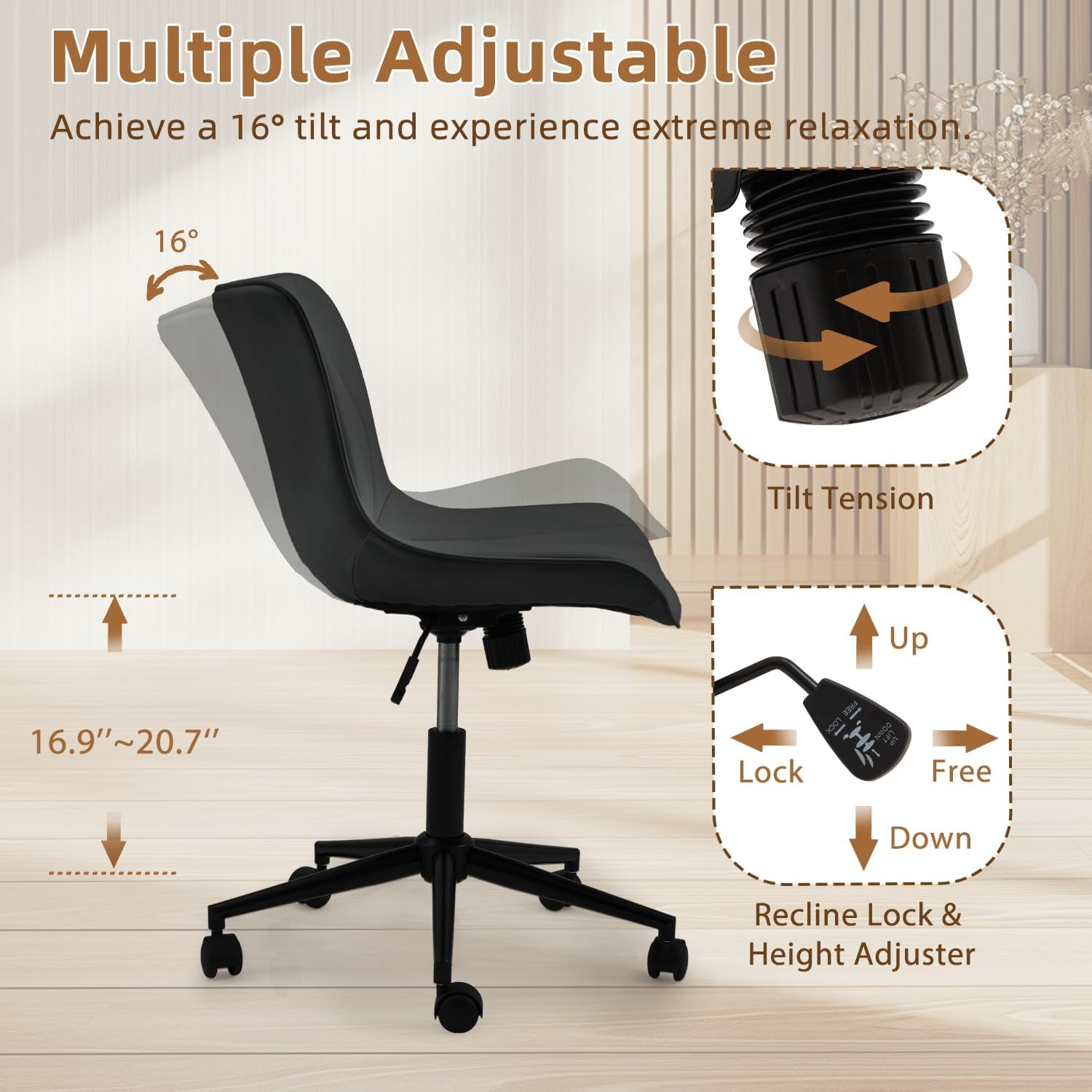 Erinnyees Armless Office Chair, Desk Chair with Wheels, Adjustable and Swivel,Modern Black