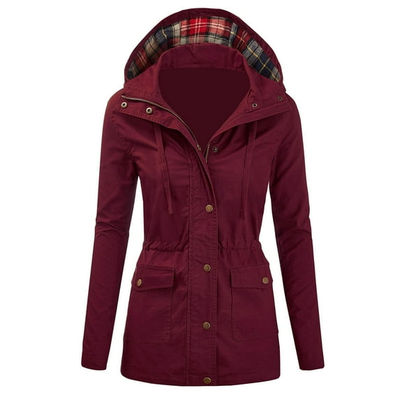 Womens Winter Lapel Button Long Trench Coat Jacket Ladies Overcoat Outwear, Elegant Trench Coat with Lapel and Button Details, in Burgundy, Size L