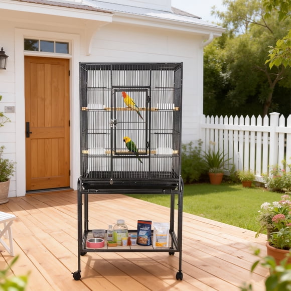 Bird Cage with Wheels, 53 Inch Bird Flight Cage, Wrought Iron Standing Large Parrot Parakeet Flight Birds Cages with Slide Out Tray Parrot Metal Parakeet Cages with Wooden Perches Black