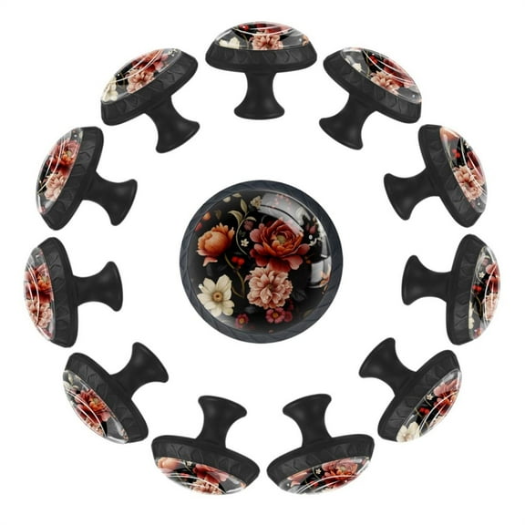 12 Pieces Black Floral Penoy Flowers Glass Knobs for Dresser Drawers, 1.37 x 1.10 IN Round Kitchen Cabinet Pulls For Home Office Nursery Kids Room