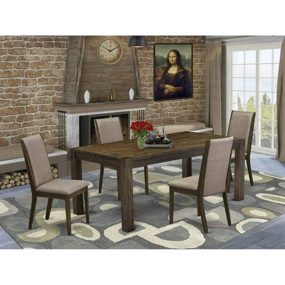 East West Furniture LMLA5-77-16 5-Pc Modern Dining Table Set- 4 Upholstered Dining Chairs with Dark Khaki Linen Fabric Seat and Stylish Chair Back - Rectangular Table Top & Wooden 4 Legs - Distressed