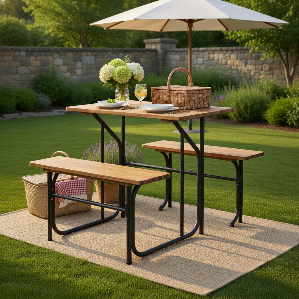 Hommoo Acacia Wood Outdoor Picnic Table and Bench Set, Single-Side Patio Table with Metal Frame, Black & Natural