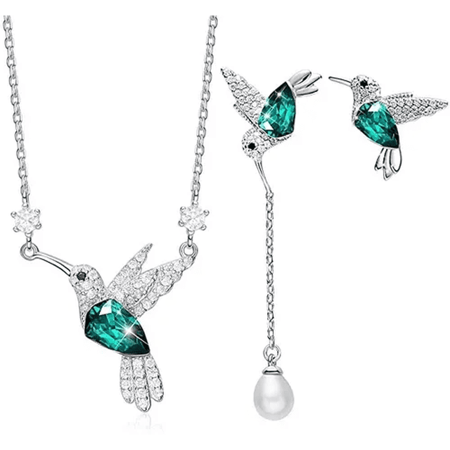 Juego De Joyas Malubero Colibrí Plata Cristal Swarovski Esmeralda
