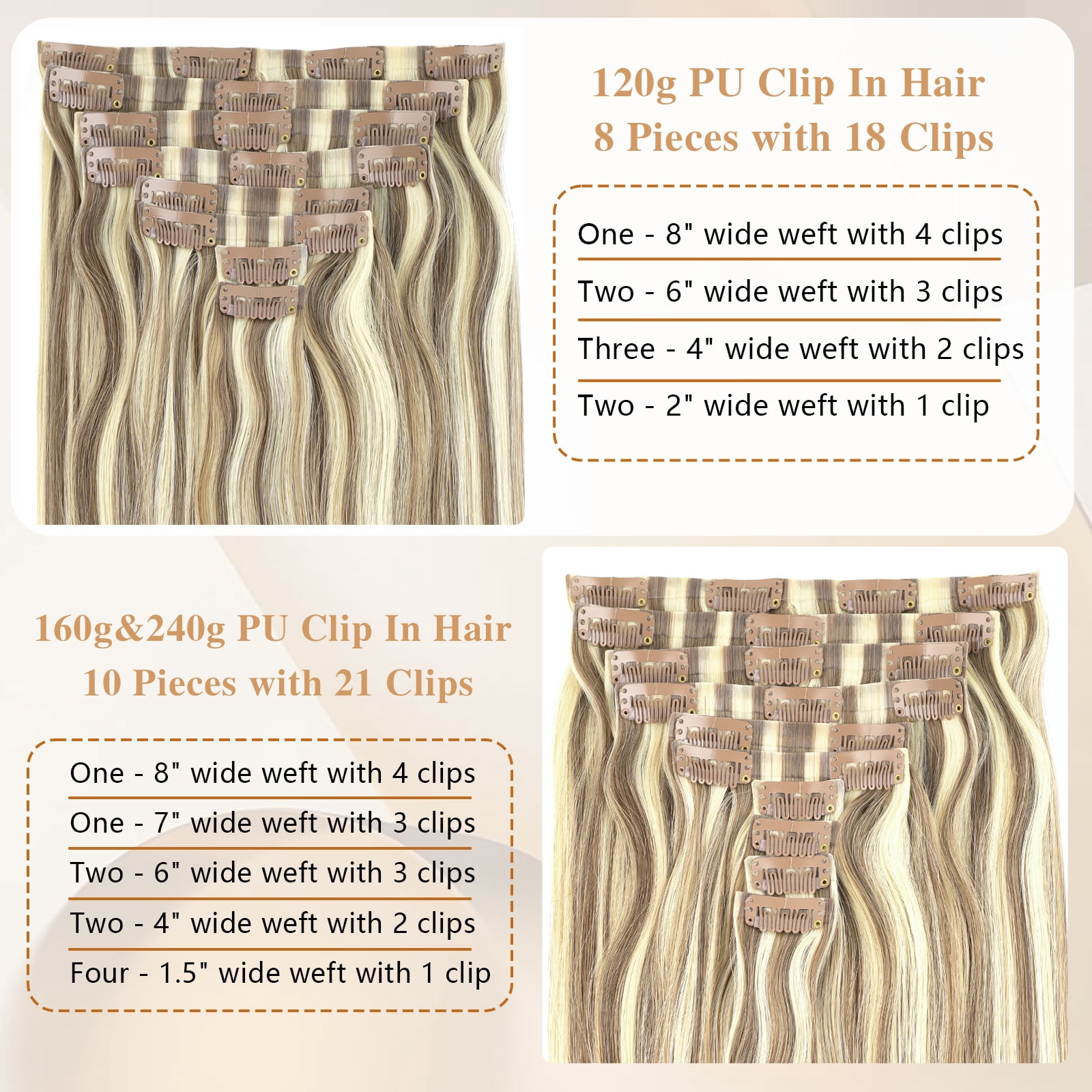 PU Clip In Hair Extensions P6/24# 240g 22inch
