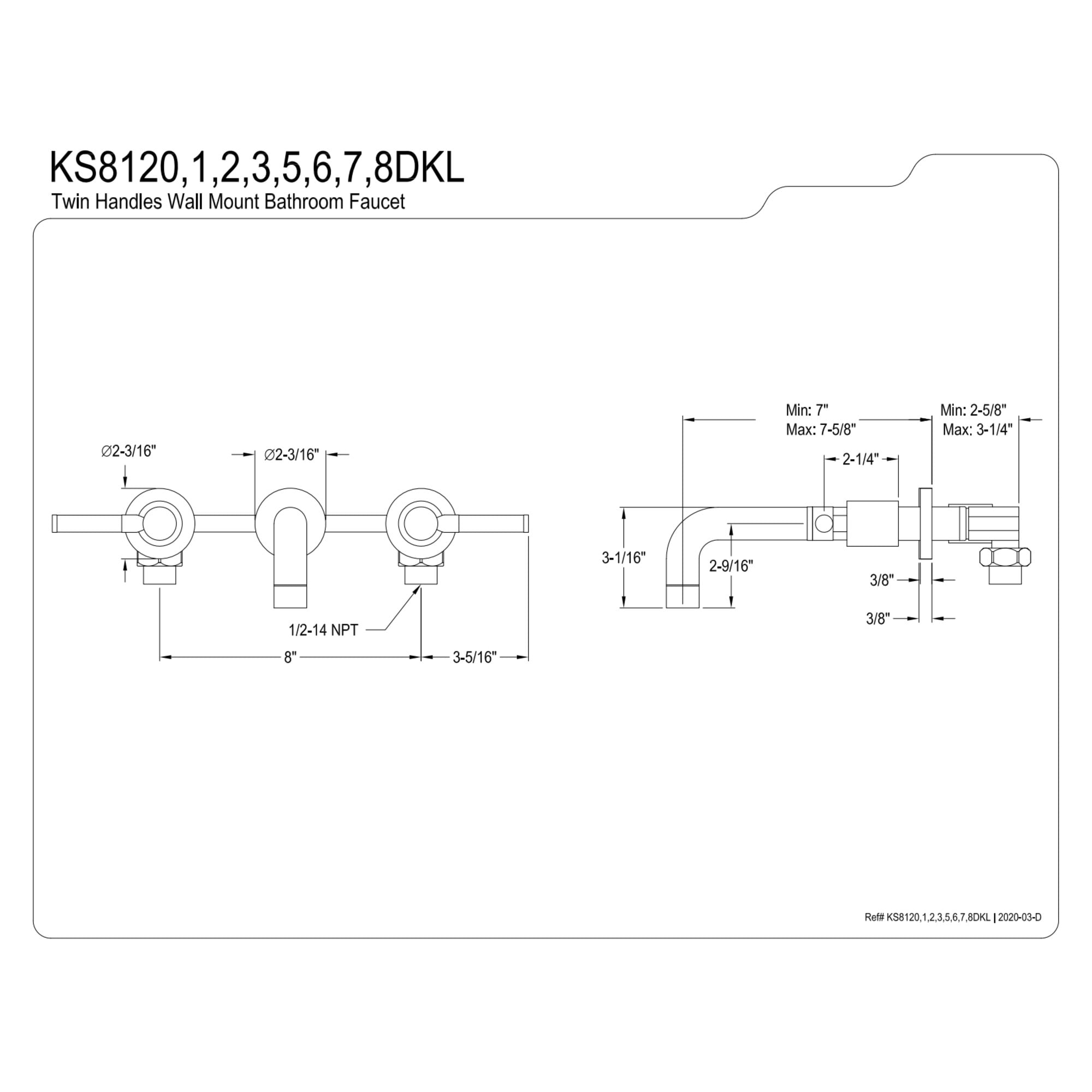 Kingston Brass KS8120DKL Kaiser Double-Handle 3-Hole Wall Mount Bathroom Faucet in Matte Black