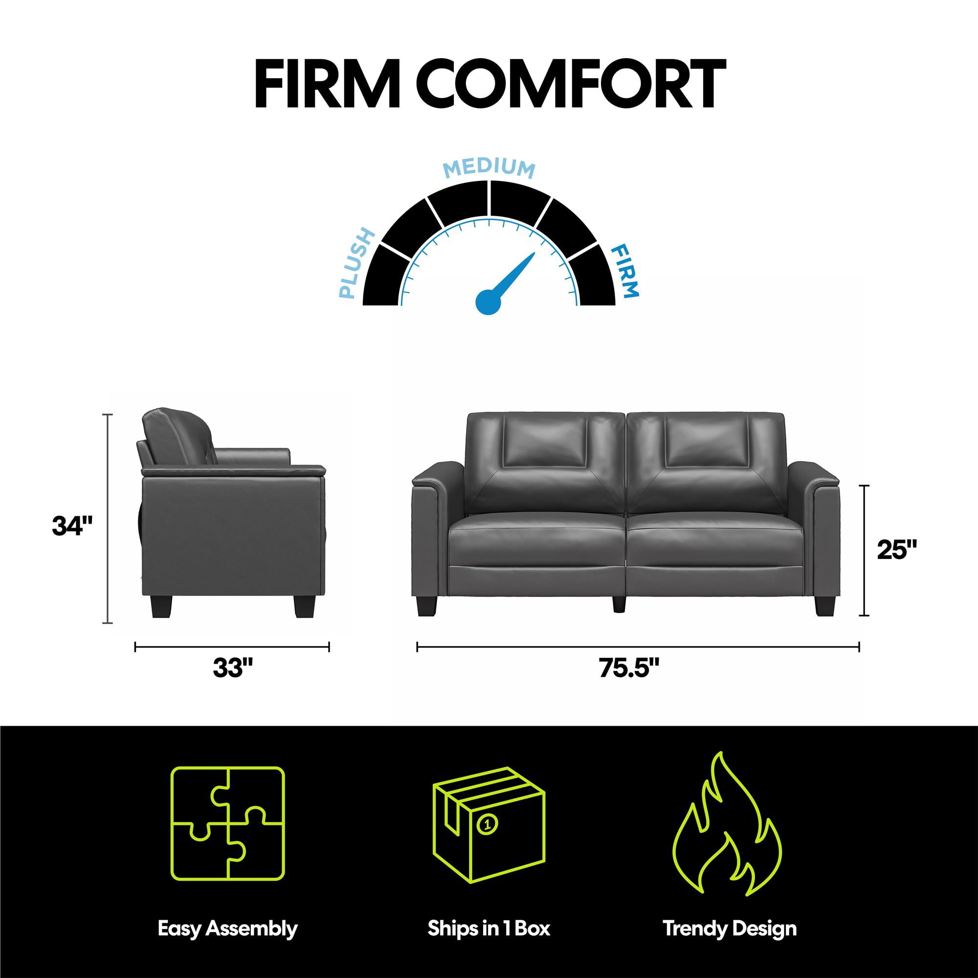 DHP Brodie 75.5" Upholstered Sofa with Pillow Arms, Charcoal Faux Leather