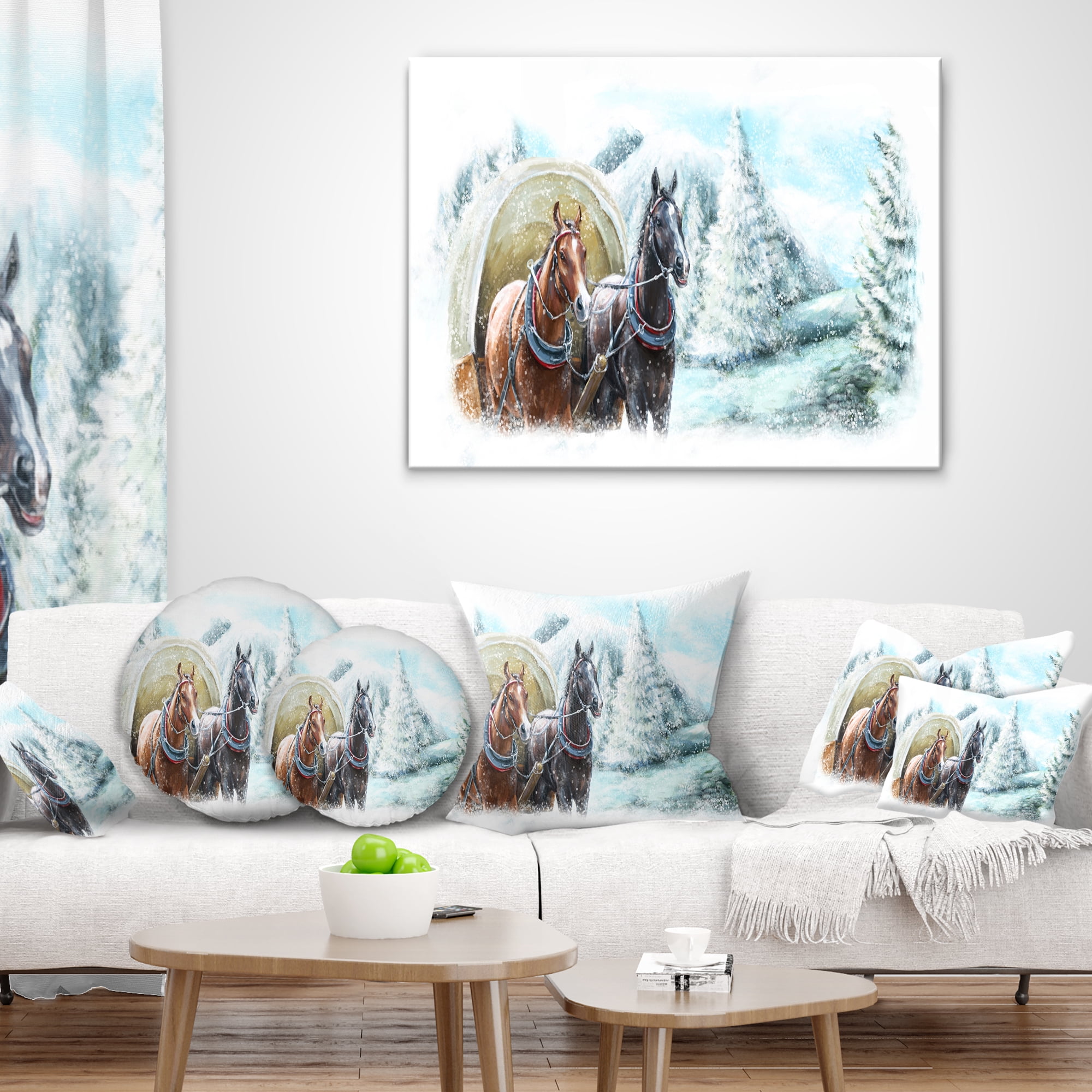Designart Painted Scene with Horses in Winter - Landscape Printed Throw Pillow - 12x20