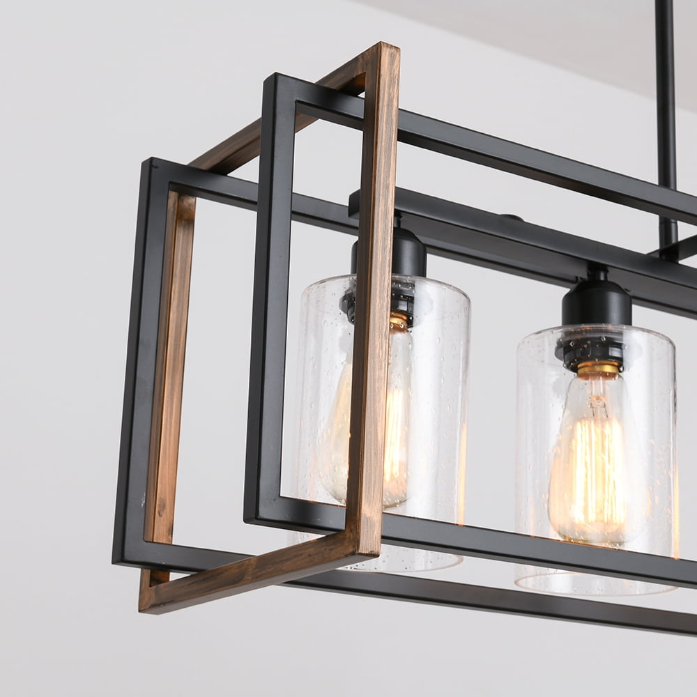 bokifol Black Gold 5-Light Farmhouse Chandeliers Rectangle Kitchen Island Light Fixtures Glass Shade,E26