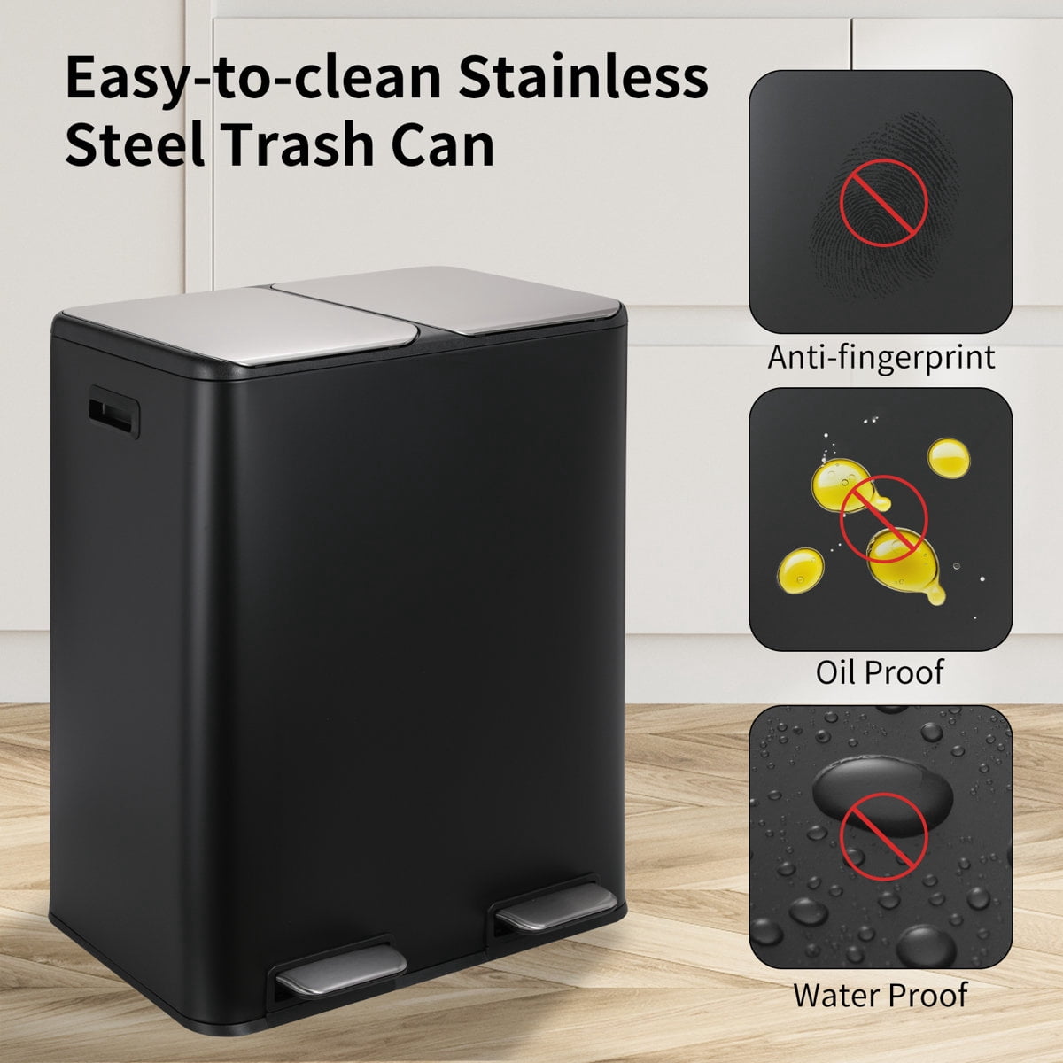 LAZY BUDDY 60 Liter / 16 Gallon Dual Trash Can, Rectangular Recycling Step Garbage Can for Kitchen, Stainless Steel