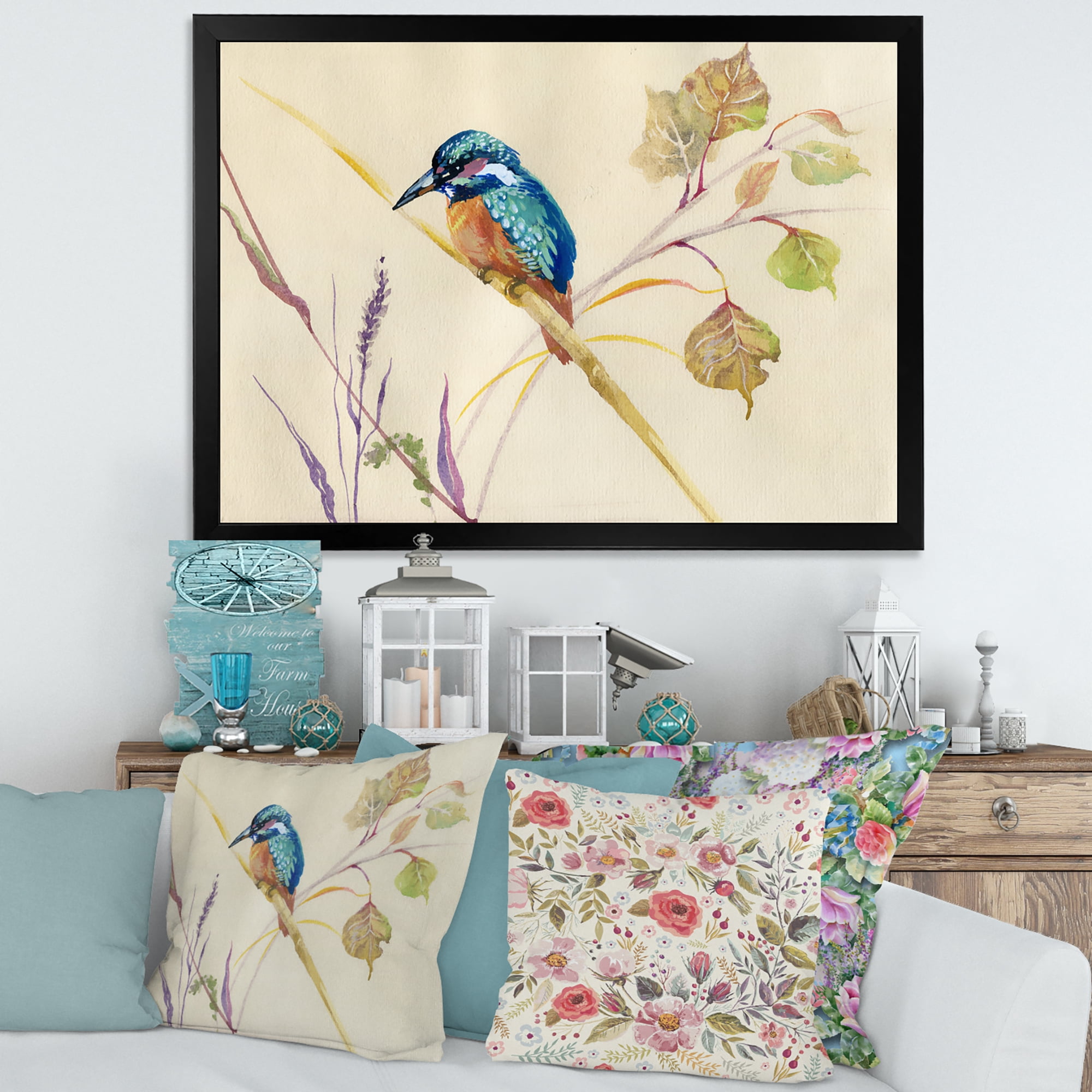 Designart 'Common Kingfisher Bird On Branch' Traditional Framed Art Print