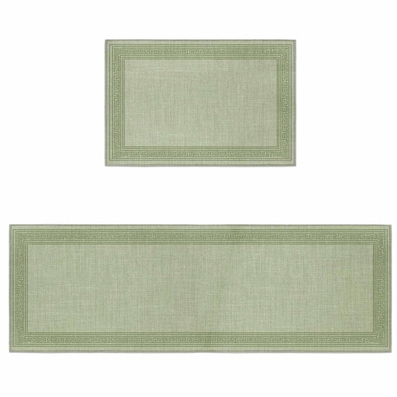 Kitchen Rugs and Mats 2 Pieces Green Linen Key Design Runner Rug Sets Geometric Back Print Soft Comfort Standing Kitchen Mats for Floor Absorbent Area Rugs Carpet Non Slip Cushioned Doormat