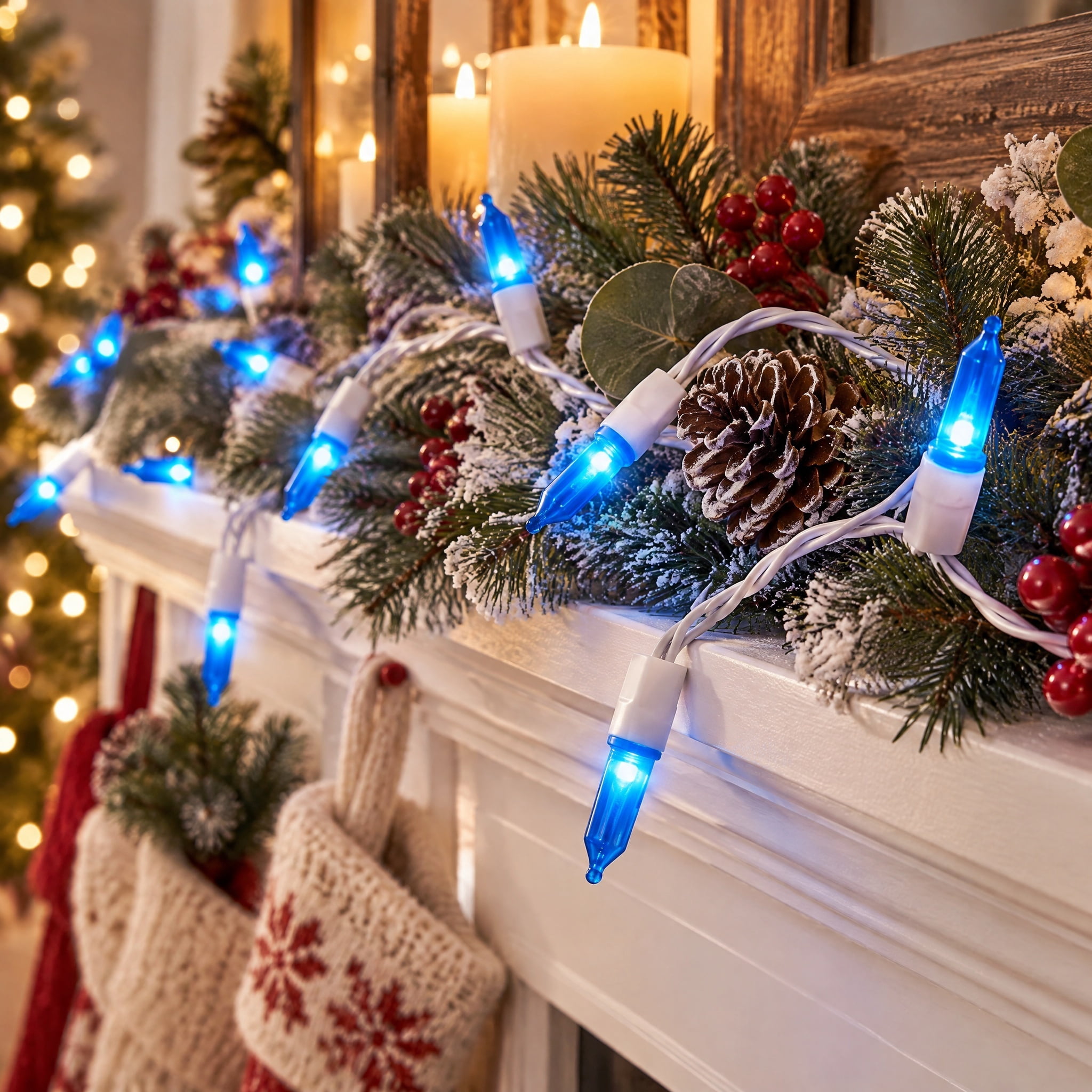 Indoor/Outdoor 100-Count LED Mini Christmas String Lights, Blue, White Wire, 19.5', by Holiday Time