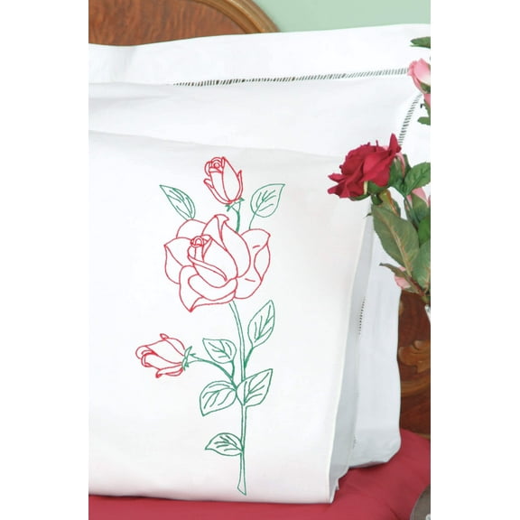 Jack Dempsey Stamped Pillowcases W/White Perle Edge 2/Pkg-Long Stem Rose