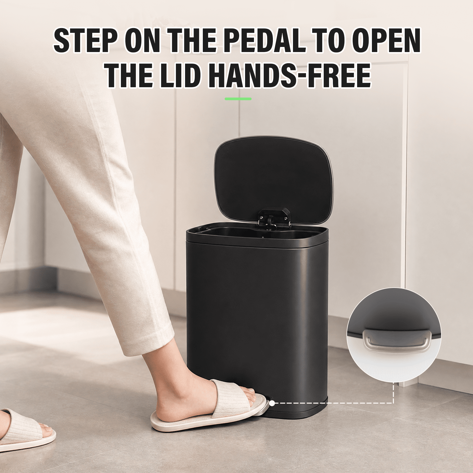 Simplykleen 5L/1.32 Gallon Rectangular Step Trash Can Stainless Steel Garbage Can with Removable Inner Bucket and Side Handle for Bathroom, Bedroom, Office, Black