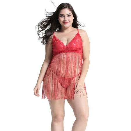 Women Babydoll Lingerie Floral Lace Tassels Sleepwear Skirt Red Large