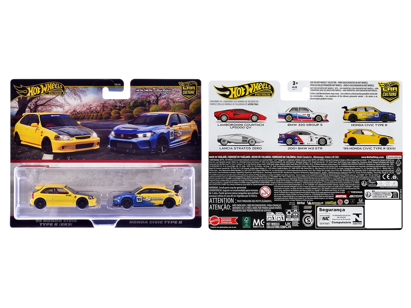 1999 Honda Civic Type R (EK9) RHD Yellow with Red Interior and Type R #95 Blue and Yellow Set Diecast Model Cars by Hot Wheels