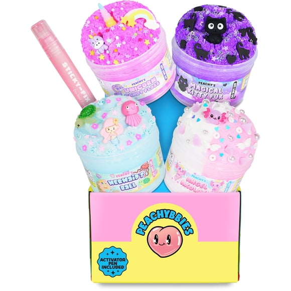 Peachybbies Slime 4-Pack Fantasy Bundle Unicorn Candy Floss Mermaid's Ball Angel Axolotl Magical Kitty Fur Includes Slime Activator Easter Basket Stuffers Scented Slime for Kids Made in USA