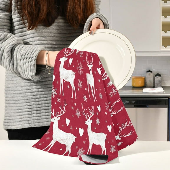 BZSMCE Kitchen Towels Creative Snowflake and Heart Reindeer Print Pattern Durable Kitchen Towel