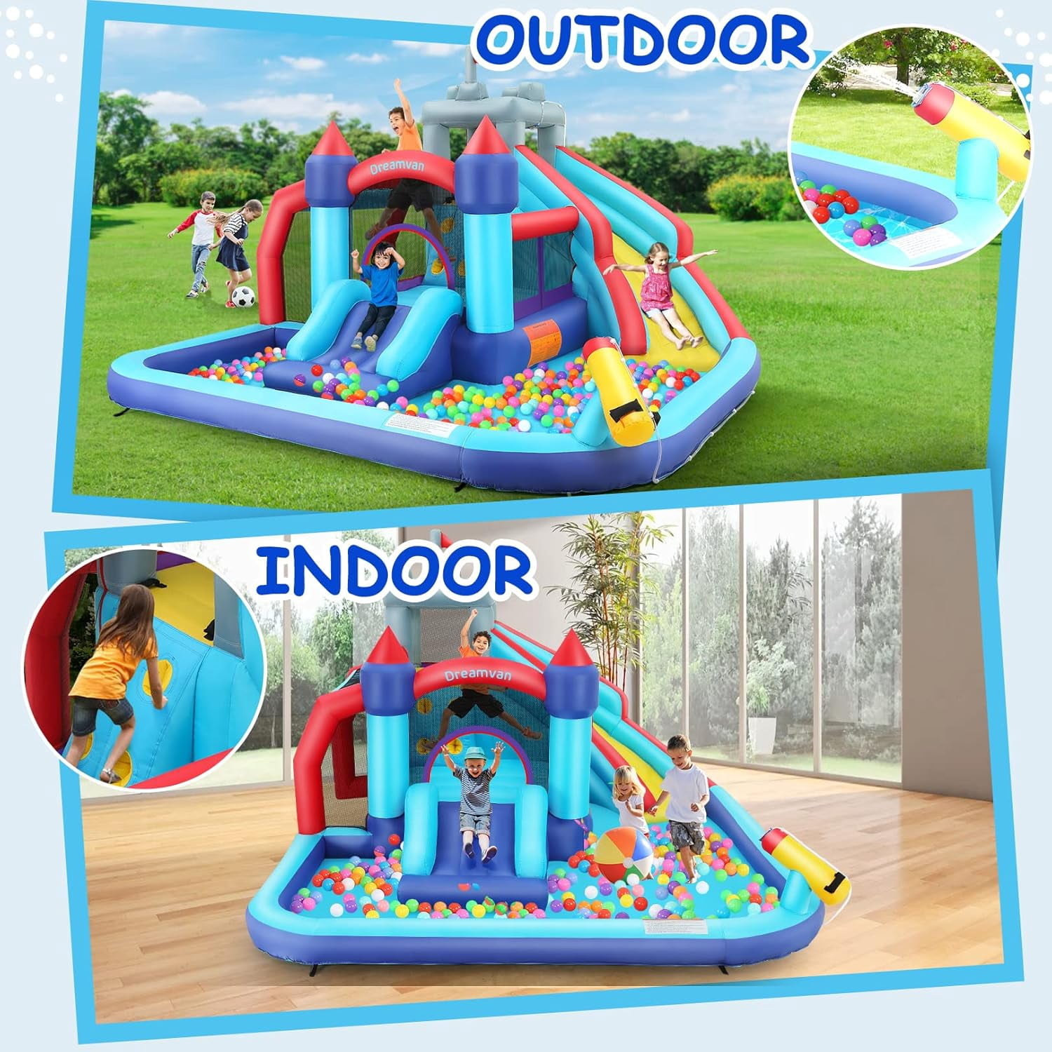 Qhomic Bounce House with 550W Blower, Water Slide with Pool, Climbing Walls, Jump Area, Basketball Hoop, Water Gun, Indoor and Outdoor Inflatable Water Park for kids