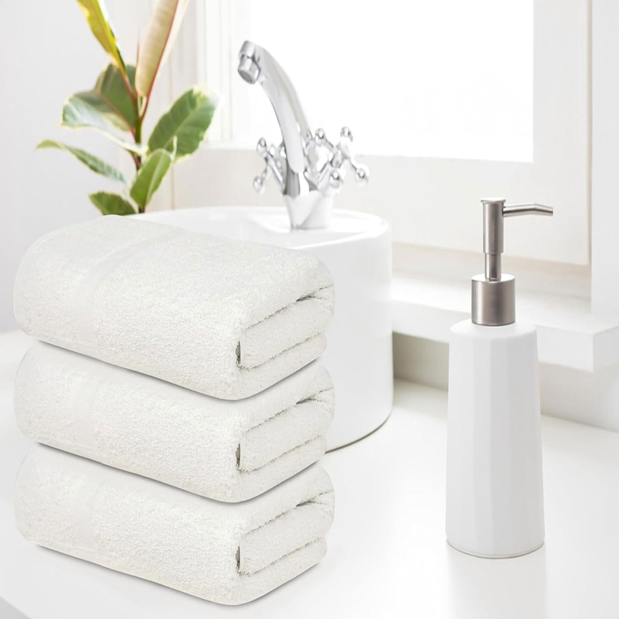 25 Pack of Bulk Wholesale 44”L x 22”W Quick Dry Machine Washable Bath Towels for Home, Dorm, Hotel, Gym, Pool, Spa, Pets, and Charity Donation in White