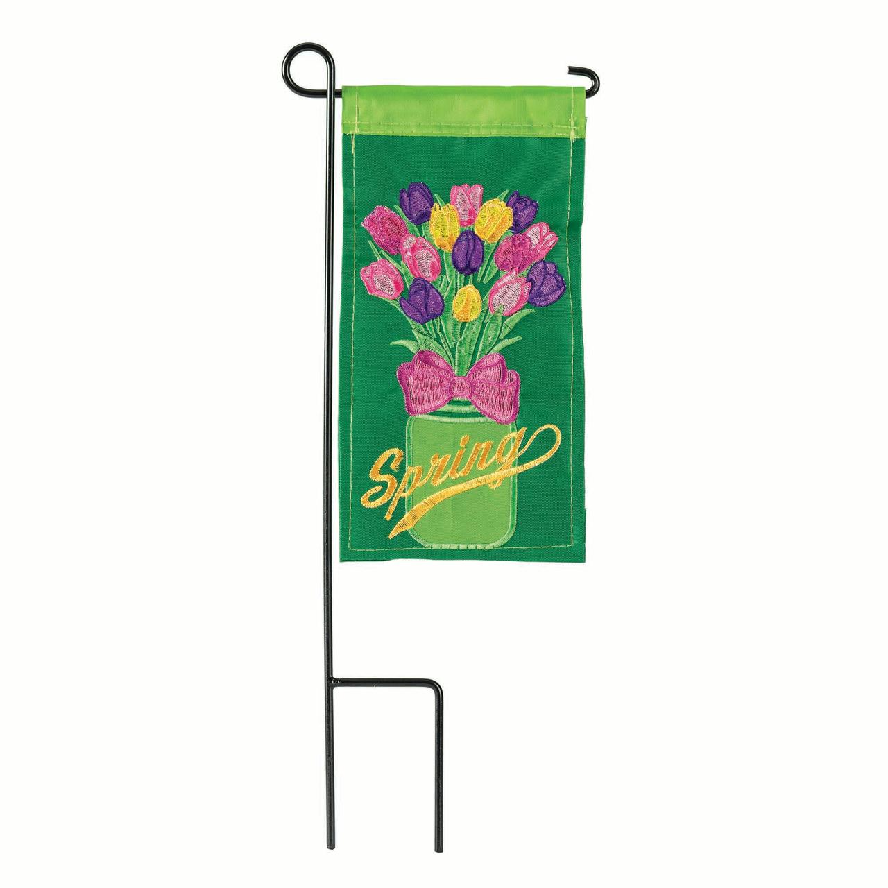 Pink and Green Double Applique Jar Flowers Outdoor Garden Flag with Pole 8.5" x 4"