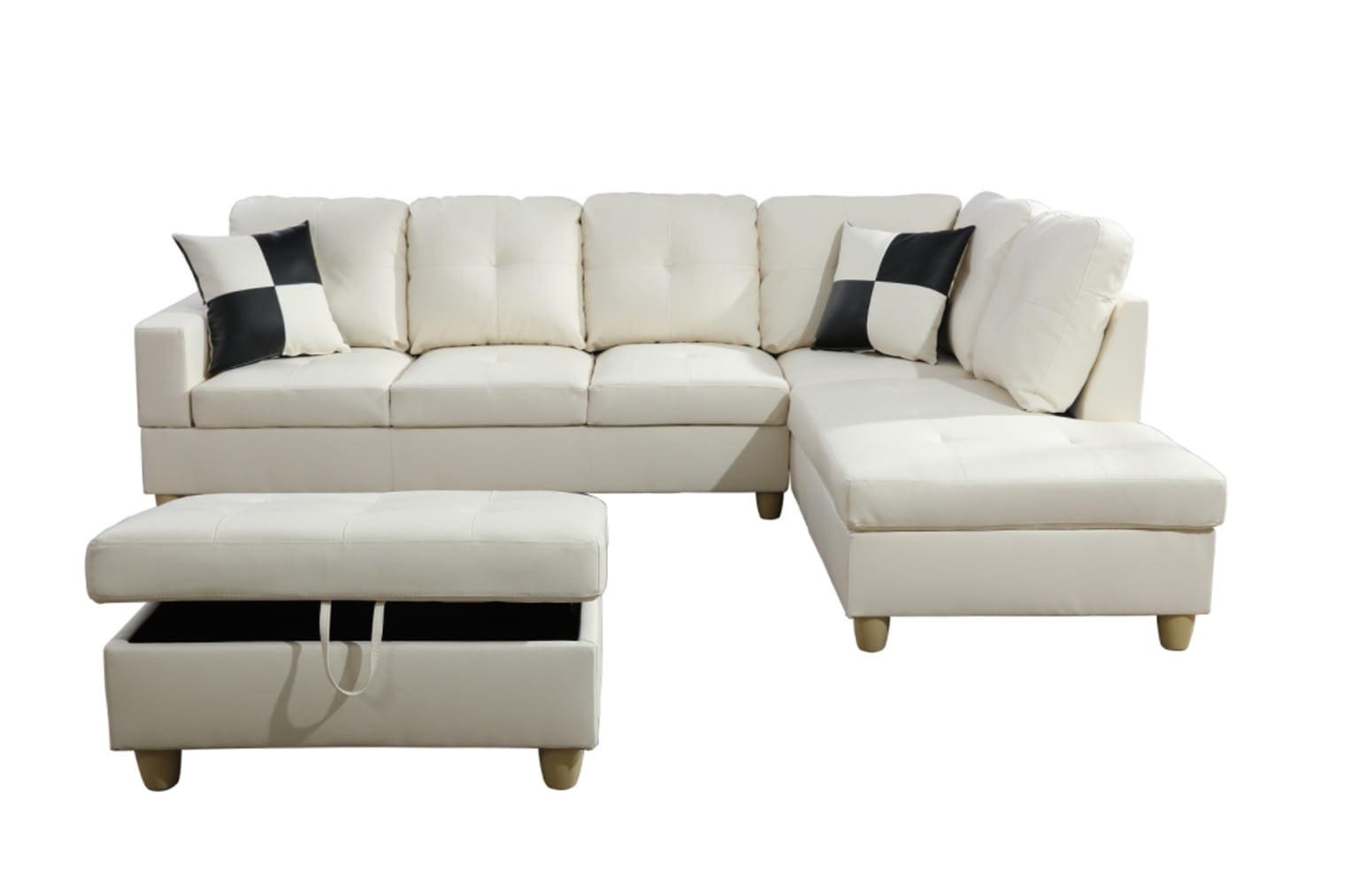 PonLiving Solid Print Faux Leather L-Shaped Sectional Sofa with Ottoman, White