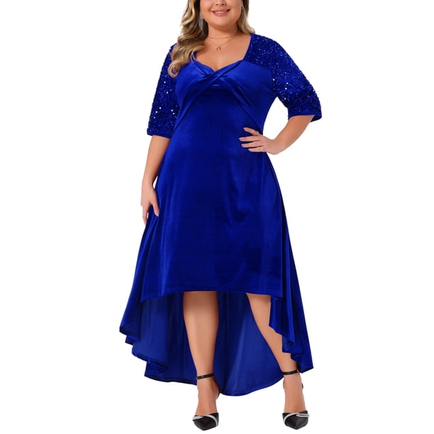 Vestido de Promoción de Talla Grande para Mujeres Agnes Orinda de Terciopelo con Cuello en V, Lentejuelas Brillantes, Manga Corta, Bajo Alto, Elegante, Corte A, Vestidos Midi 5X Azul Real