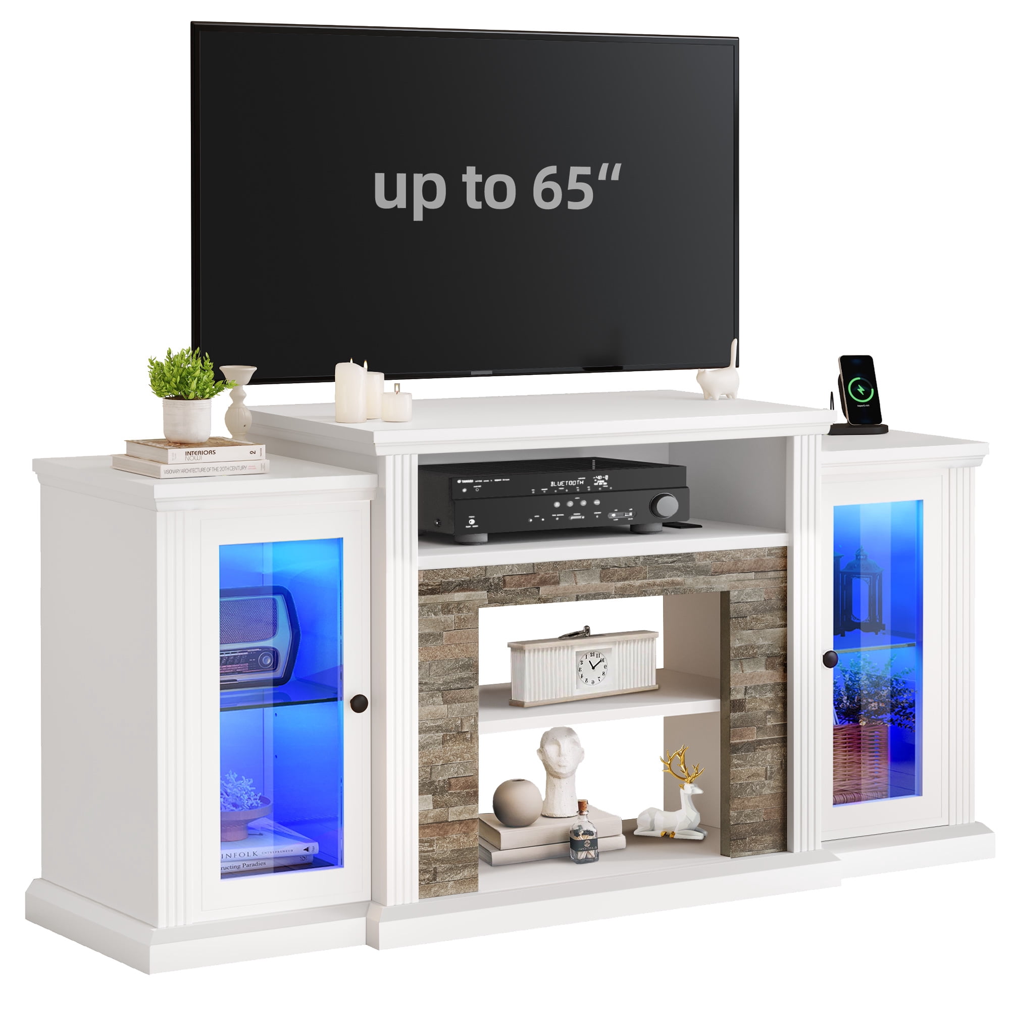 Uforic LED TV Stand w/Power Outlets for 65 55 Inch TV, TV Console Entertainment Center, White