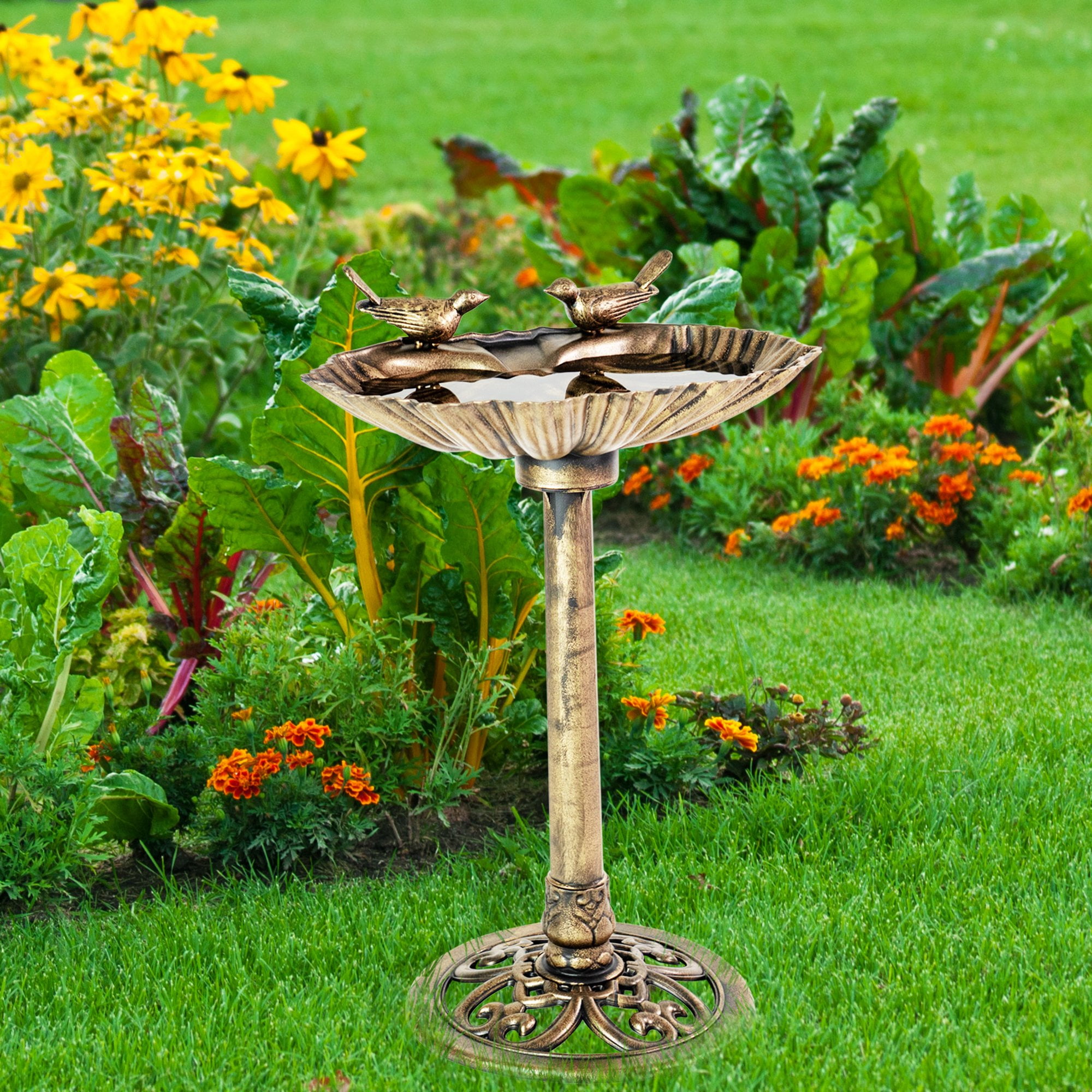 J&J Global LLC Sitting Pair Resin Birdbath - Bronze by Sun-Ray