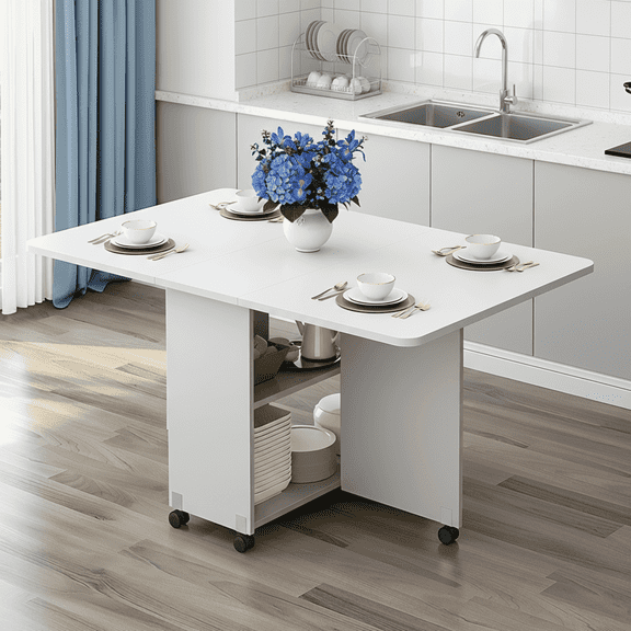 PAPROOS Folding Dining Table, 47'' Drop Leaf Dining Table with Storage Shelves & Wheels, Space Saving Kitchen Table with Marble-color, Expandable Dining Room Table, White