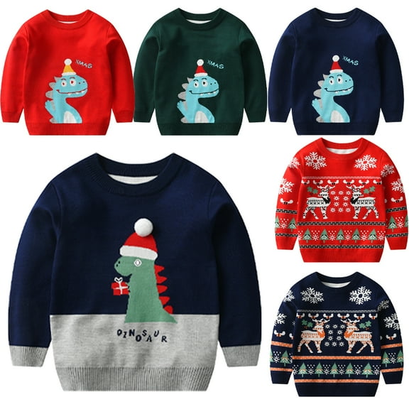 Godderr 2-8Y Toddler Kids Christsmas Sweater for Boys Girls Dinosaur Jumper Baby Cartoon Bottoming Shirt Fall Knit Tops Cotton Pullover