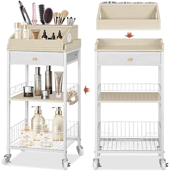 Makeup Organizer Cart with Removable Cosmetic Display Case, Large Makeup Cart with Drawer and 4 SS Tool Cups, 2-in-1 Vanity Organizer for Skincare Perfume Nail Polish Brush, White & Natural