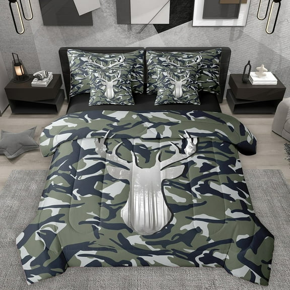 Homewish Animal Deer 7-Piece Twin Bedding Sets For Children Teens,Abstract Camo Bedding Comforter Set,Geometric Camouflage Breathable Sheet Sets,Breathable Home Decor,Reversible